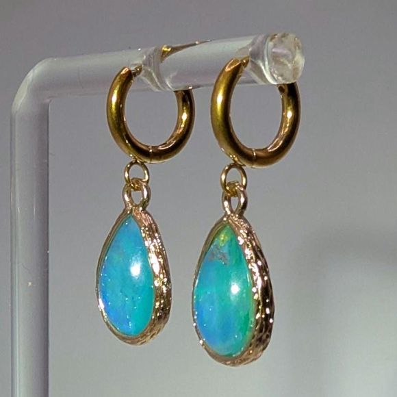 Blue Green Opalescent Teardrop Gold Ion-plated Huggie Earrings - Picture 6 of 8